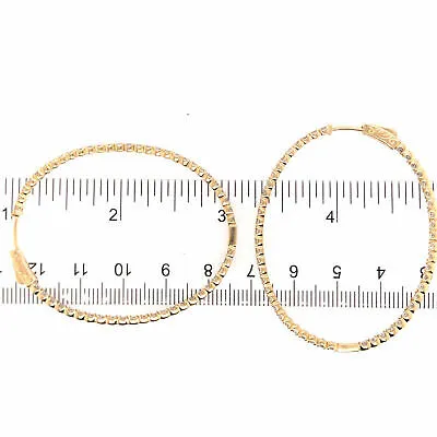 14K Oval Diamond In/Out Hoop Earrings Yellow Gold