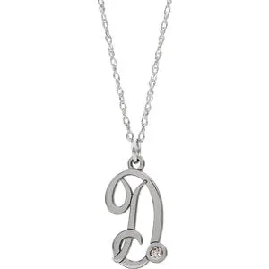 14K White .02 CT Diamond Script Initial D 16-18" Necklace