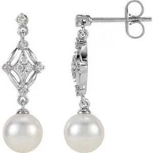 14K White 1/6 CTW Diamond and Freshwater Cultured Pearl Earrings