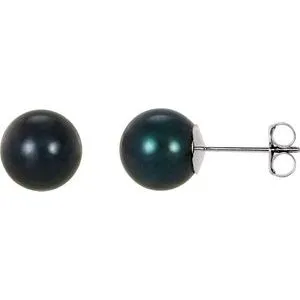 14K White 8 mm Black Akoya Cultured Pearl Earrings