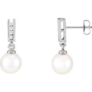 14K White Akoya Cultured Pearl & 1/8 CTW Diamond Earrings