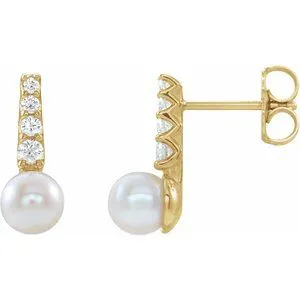 14K Yellow Freshwater Cultured Pearl & 1/6 CTW Diamond Earrings