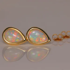 14k Yellow Gold Pear Shape Australian Opal Earrings 1.40 Carats