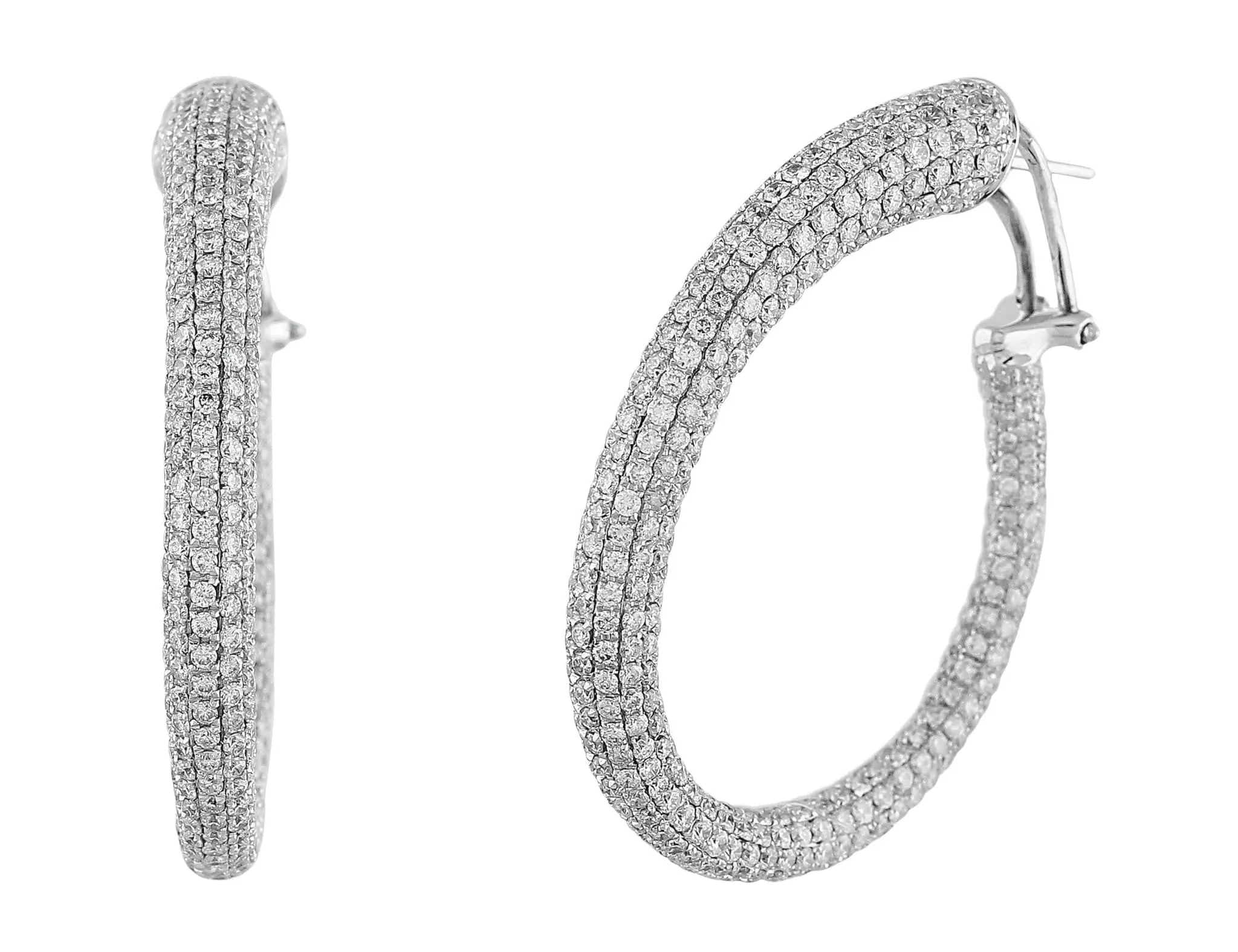 18k White Gold Semi Oval Diamond Hoop Earrings