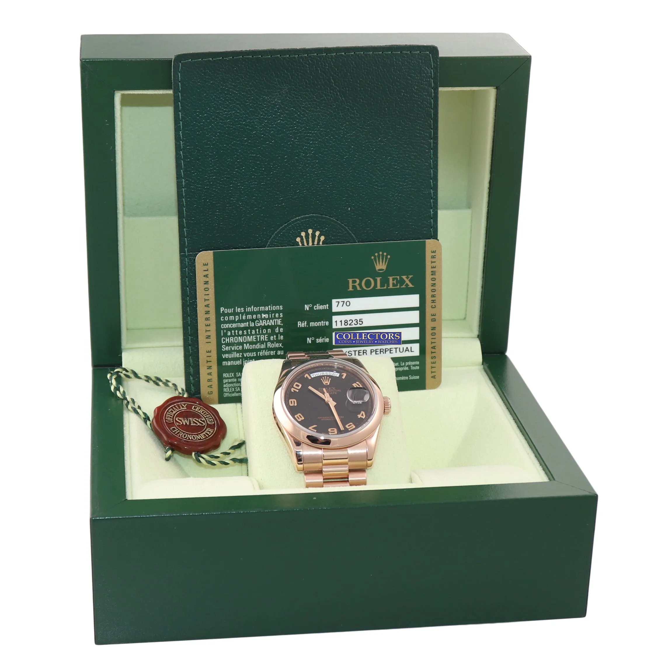 2008 PAPERS NEW BUCKLE Rolex Rose Gold President 36mm 118235 18K Black Arabic