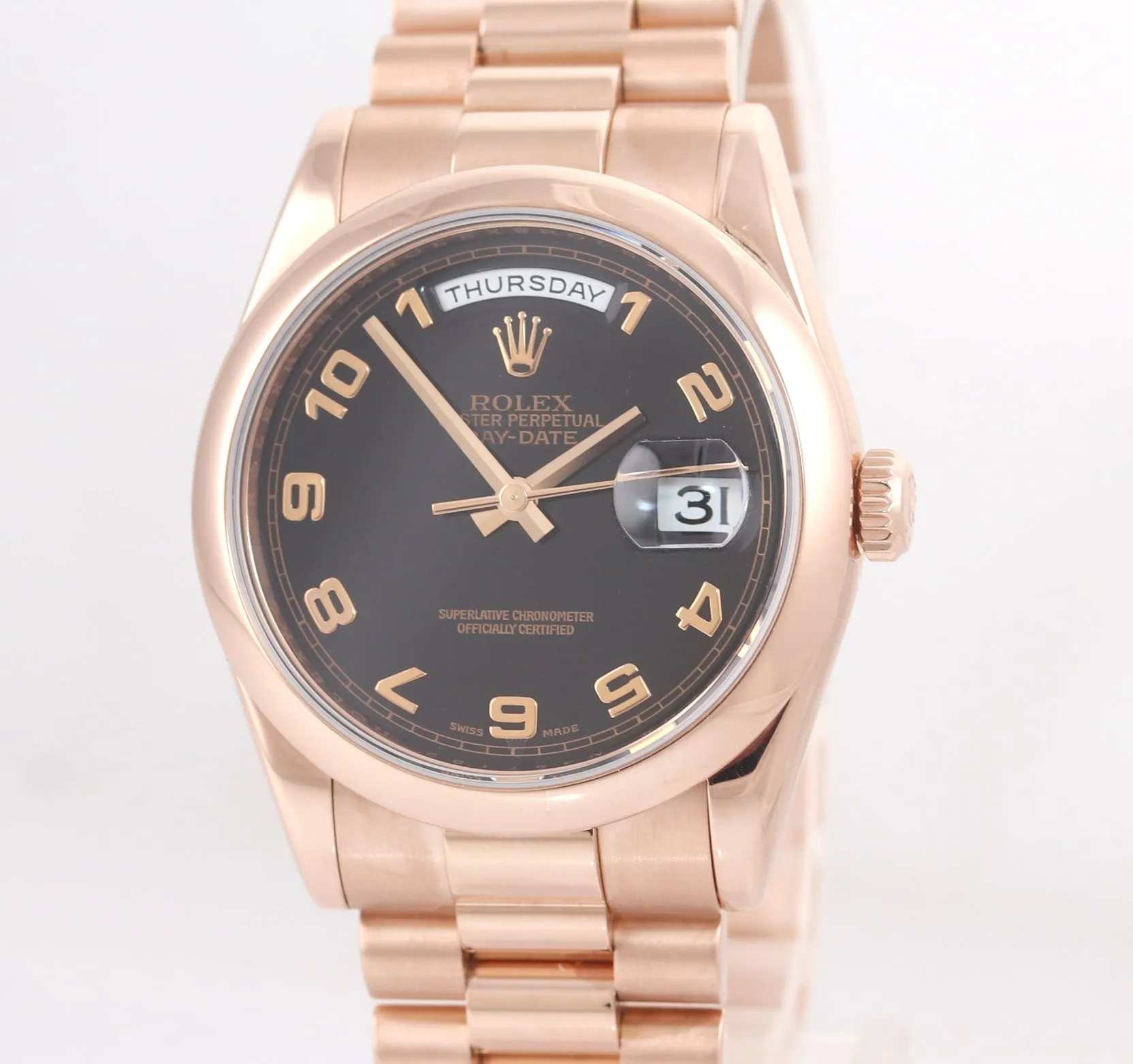 2008 PAPERS NEW BUCKLE Rolex Rose Gold President 36mm 118235 18K Black Arabic