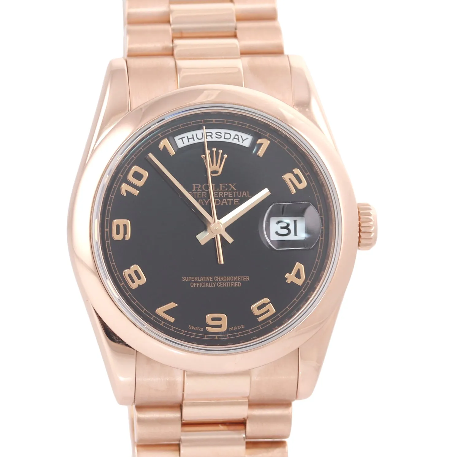 2008 PAPERS NEW BUCKLE Rolex Rose Gold President 36mm 118235 18K Black Arabic