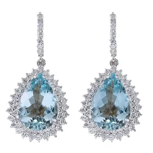23.90 Carat Natural Aquamarine 14K White Gold Diamond Earrings