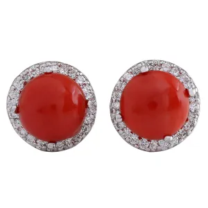 5.89 Carat Natural Coral 14K White Gold Diamond Earrings