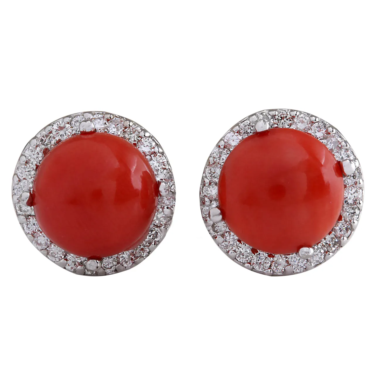 5.89 Carat Natural Coral 14K White Gold Diamond Earrings