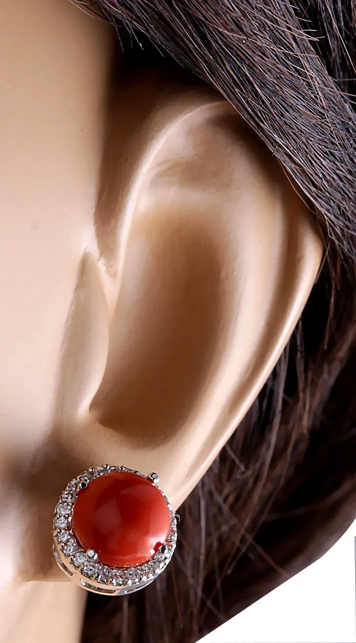 5.89 Carat Natural Coral 14K White Gold Diamond Earrings