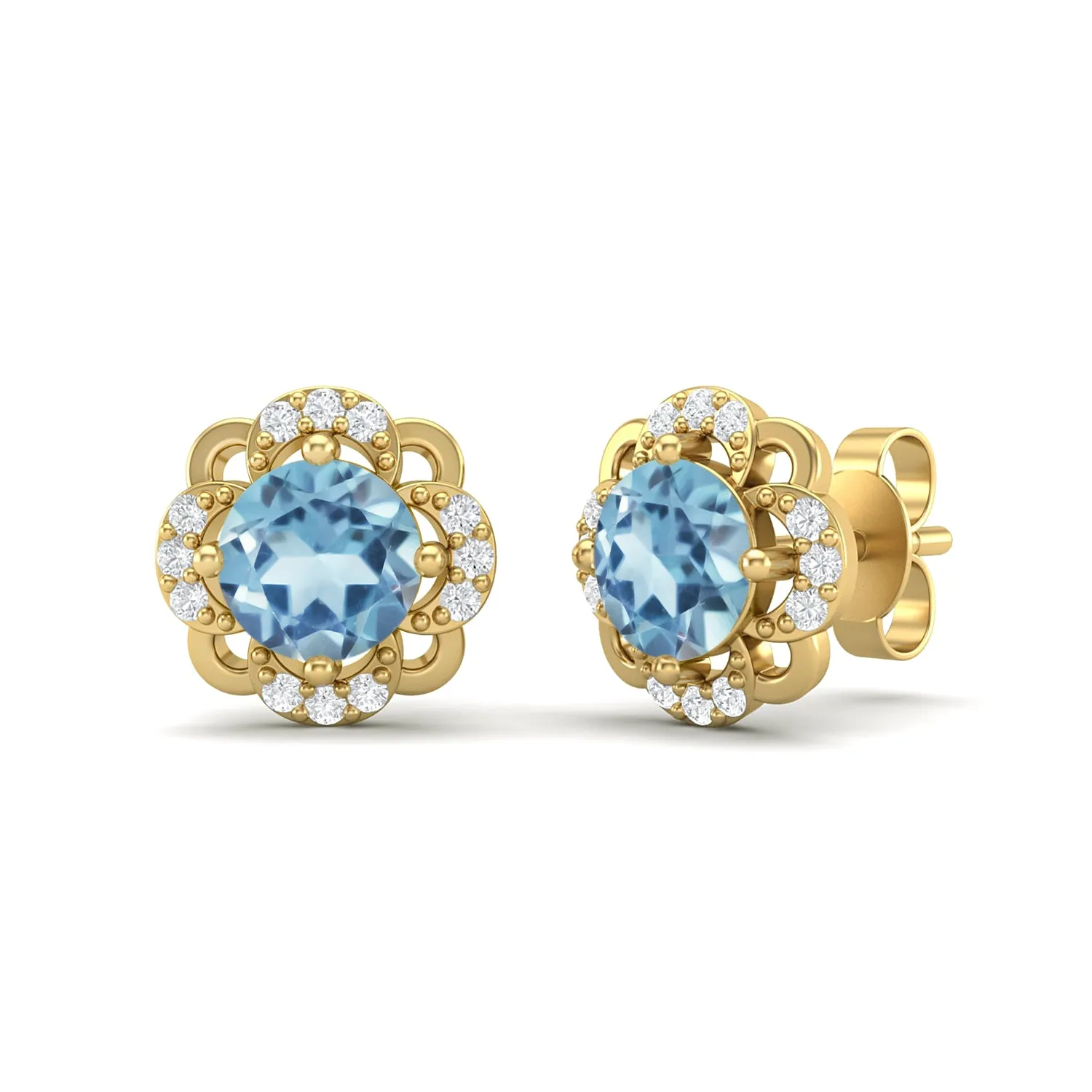 925 Sterling Silver 5mm Round Aquamarine Flower Halo Stud Earrings For Women