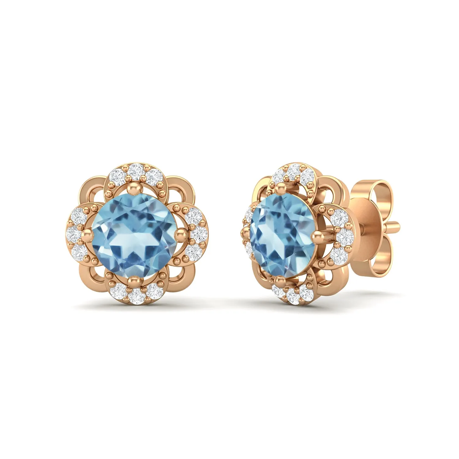 925 Sterling Silver 5mm Round Aquamarine Flower Halo Stud Earrings For Women