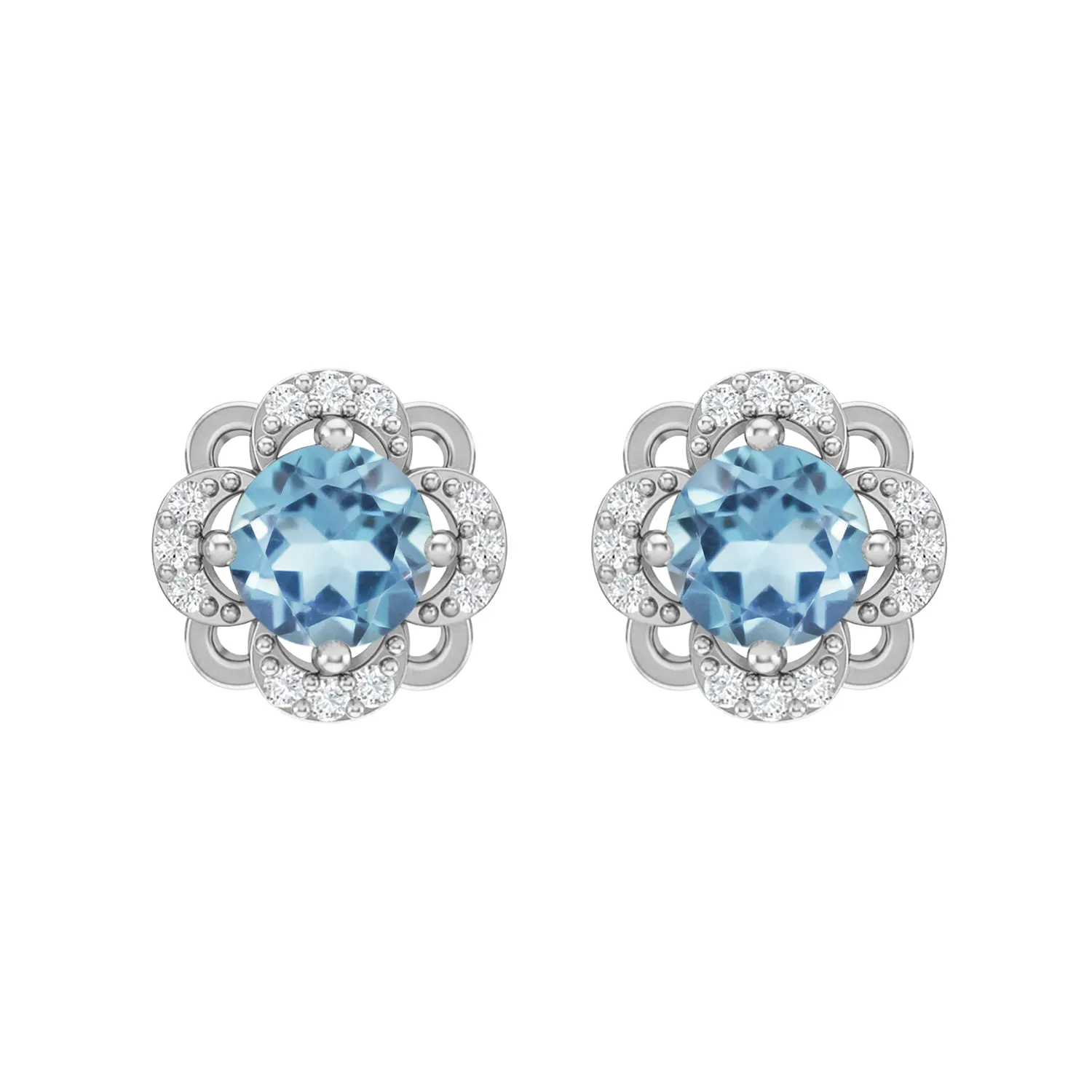 925 Sterling Silver 5mm Round Aquamarine Flower Halo Stud Earrings For Women