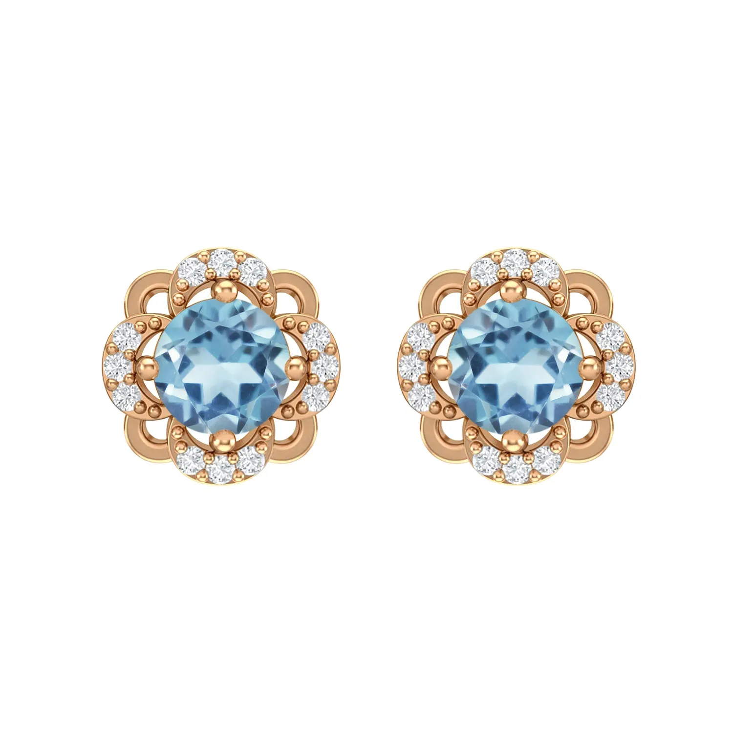 925 Sterling Silver 5mm Round Aquamarine Flower Halo Stud Earrings For Women