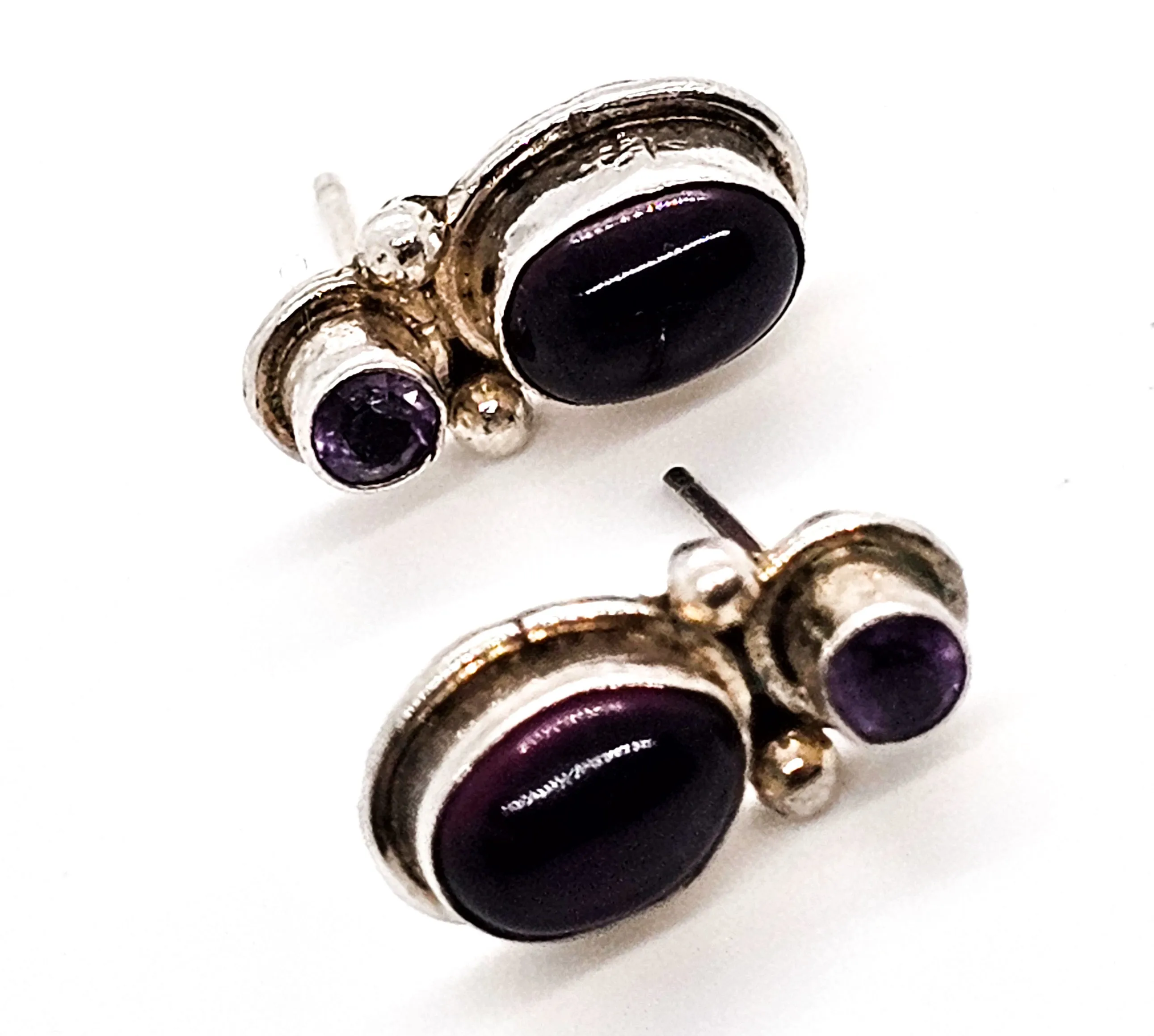Amethyst and red garnet gemstone sterling silver stud earrings
