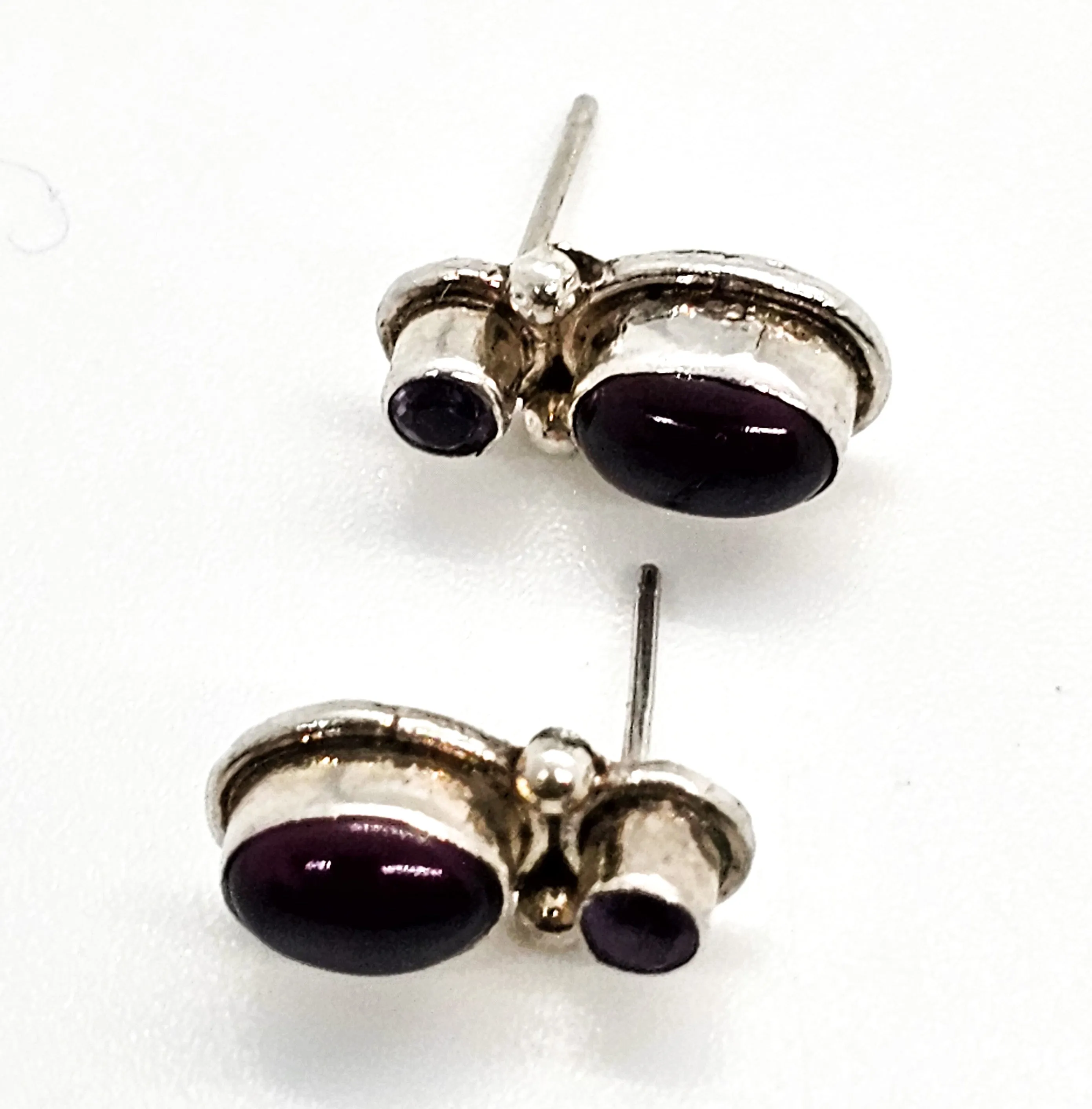 Amethyst and red garnet gemstone sterling silver stud earrings