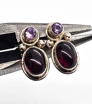 Amethyst and red garnet gemstone sterling silver stud earrings