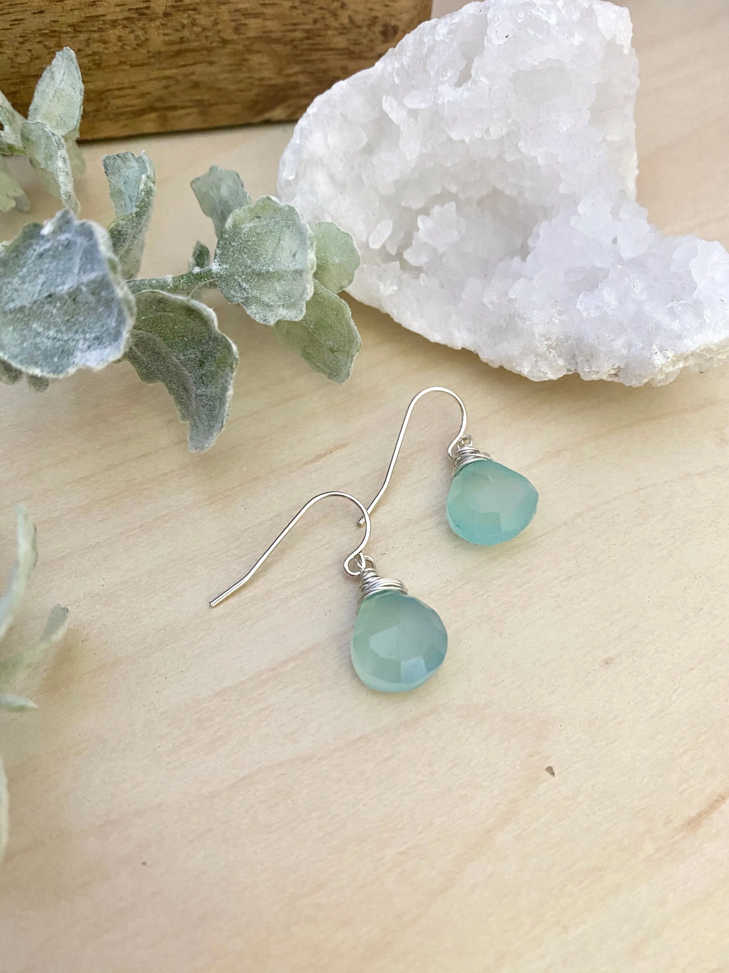 Aqua Blue Chalcedony Gemstone Drop Earrings - Sterling Silver