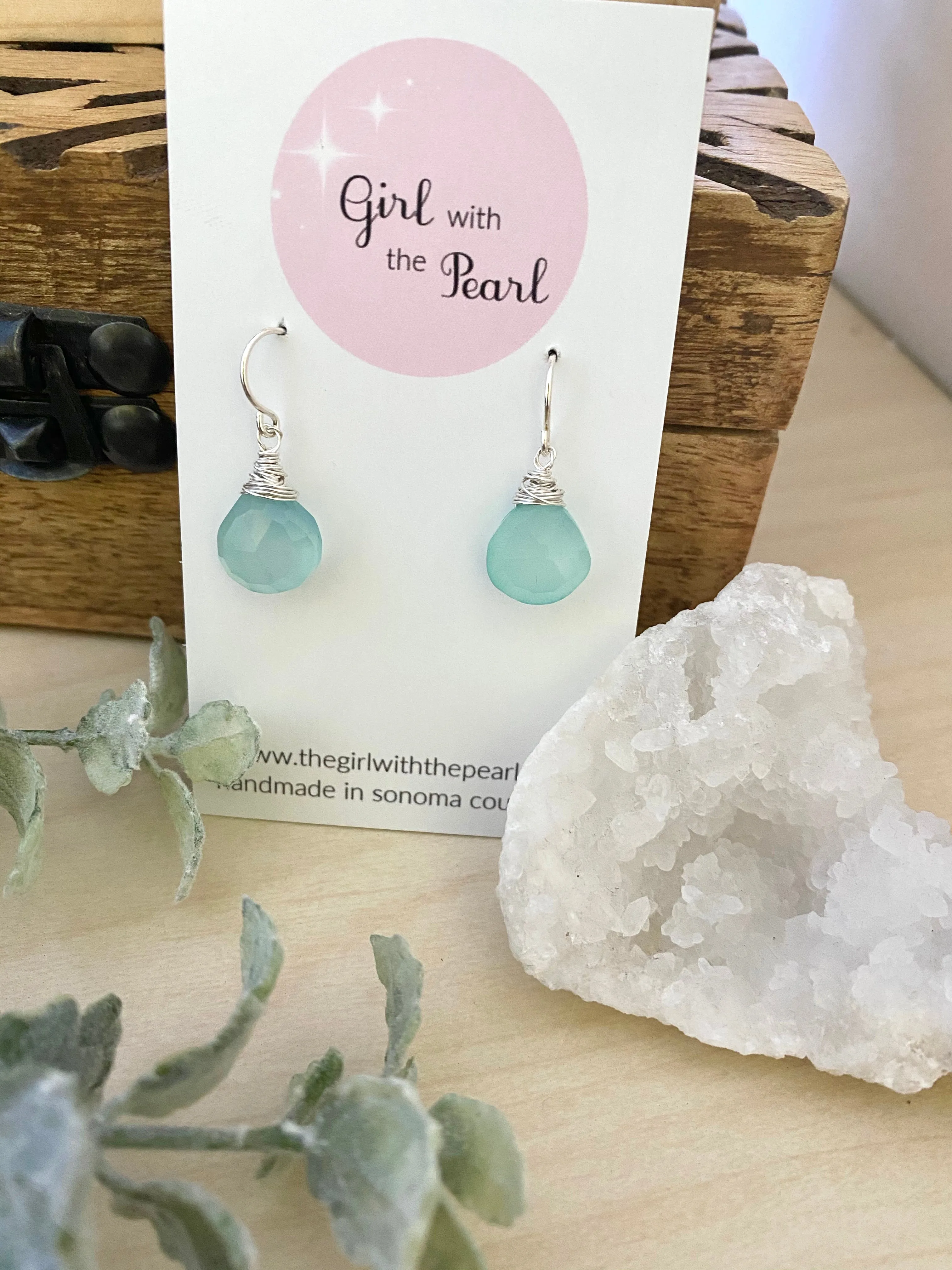 Aqua Blue Chalcedony Gemstone Drop Earrings - Sterling Silver