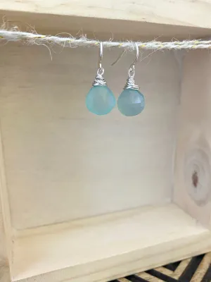 Aqua Blue Chalcedony Gemstone Drop Earrings - Sterling Silver