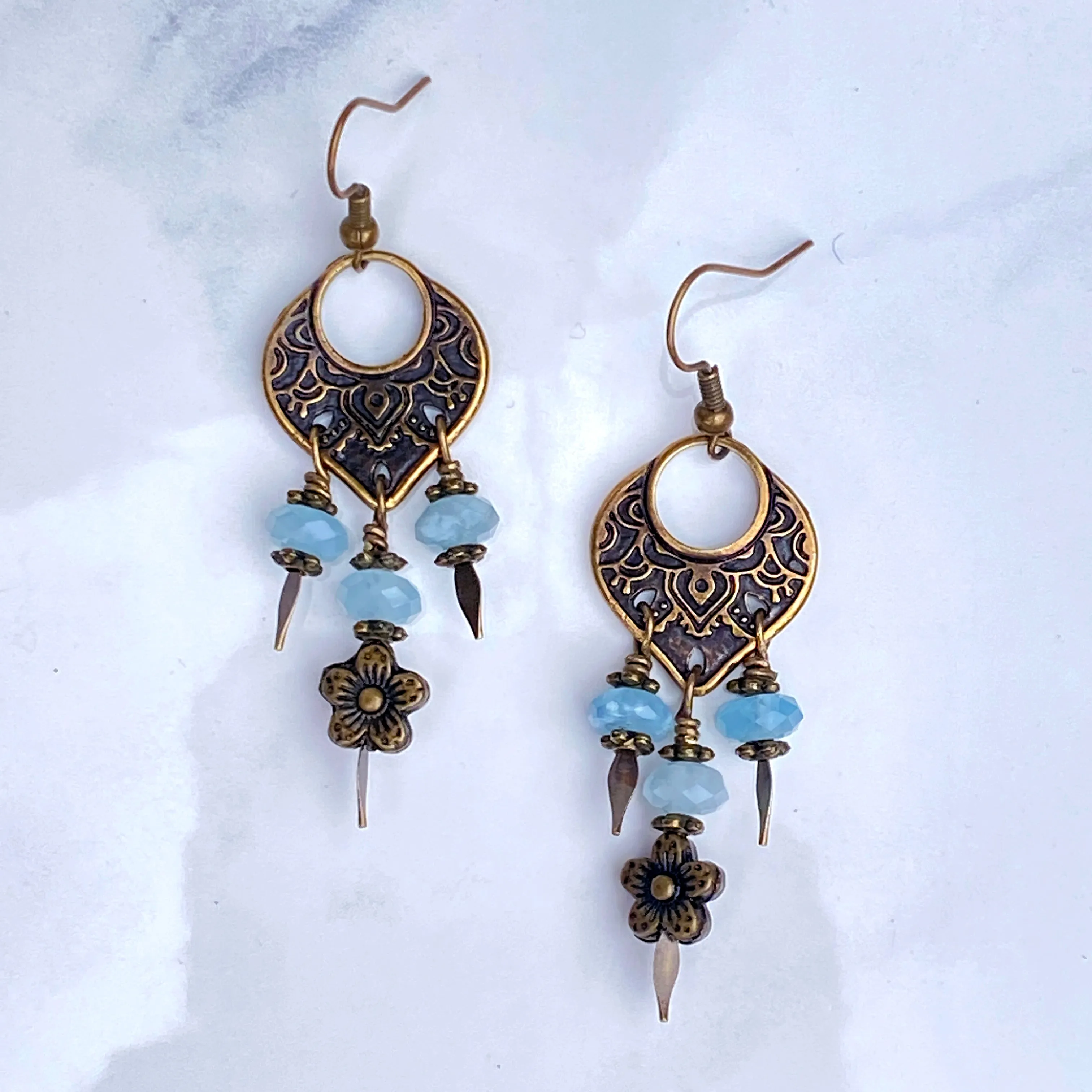 Aquamarine gemstone  and brassChandelier Earrings