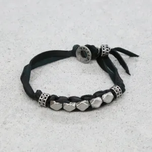Black Leather Bracelet with Silver Faceted Beads and Donut Rings