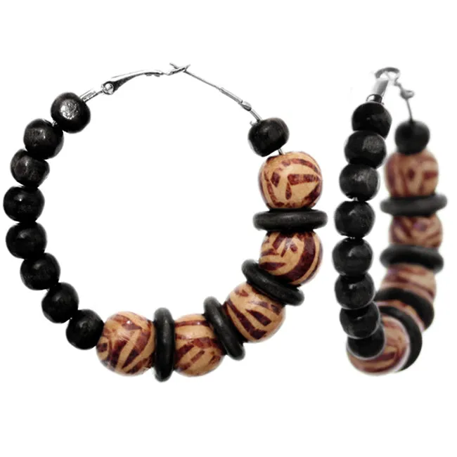Black Wooden Beaded Zebra Hoop Earrings