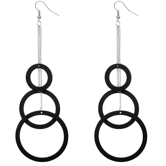Black Wooden Cascade Drop Chain Hoop Earrings