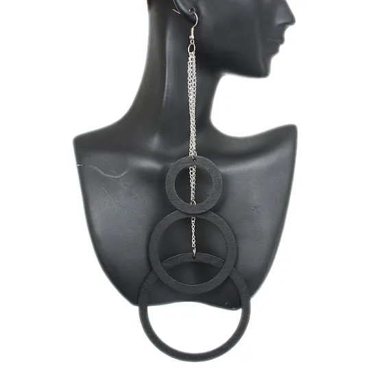 Black Wooden Cascade Drop Chain Hoop Earrings