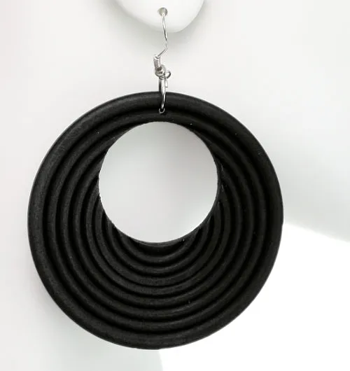 Black Wooden Circular Roll Texture Dangle Earrings