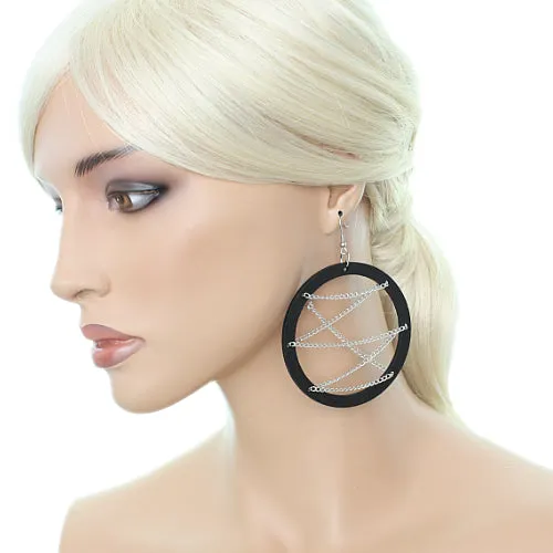 Black Wooden Zigzag Chain Hoop Earrings