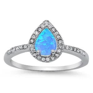 Blue Lab Opal Cute Teardrop Halo Polished Ring Sterling Silver Band Sizes 5-10