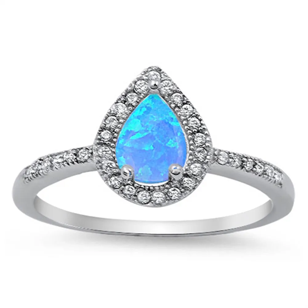 Blue Lab Opal Cute Teardrop Halo Polished Ring Sterling Silver Band Sizes 5-10
