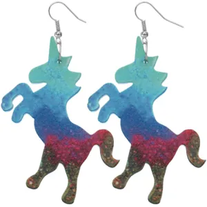 Blue Multicolor Wooden Standing Unicorn Earrings