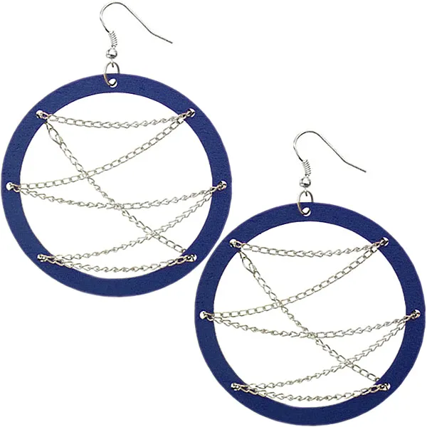 Blue Wooden Zigzag Chain Hoop Earrings
