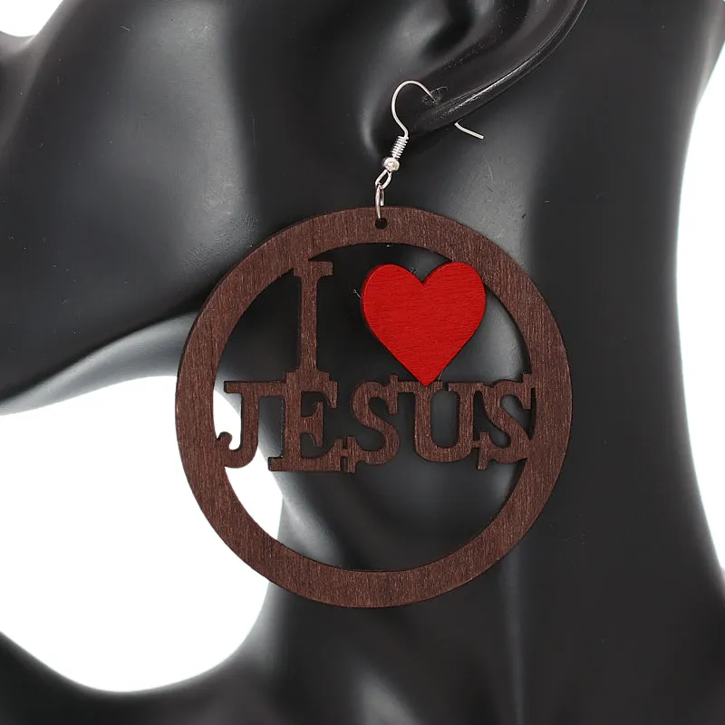 Brown I Love Jesus Wooden Earrings