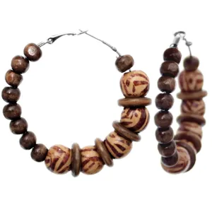 Brown Wooden Beaded Zebra Hoop Earrings
