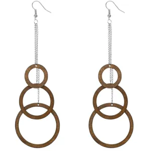 Brown Wooden Cascade Drop Chain Hoop Earrings