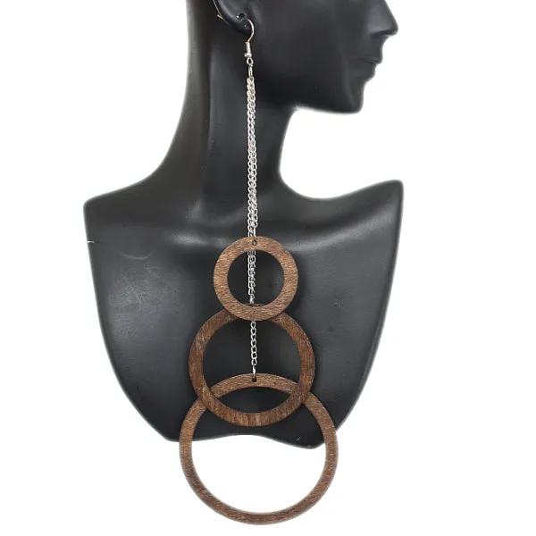 Brown Wooden Cascade Drop Chain Hoop Earrings