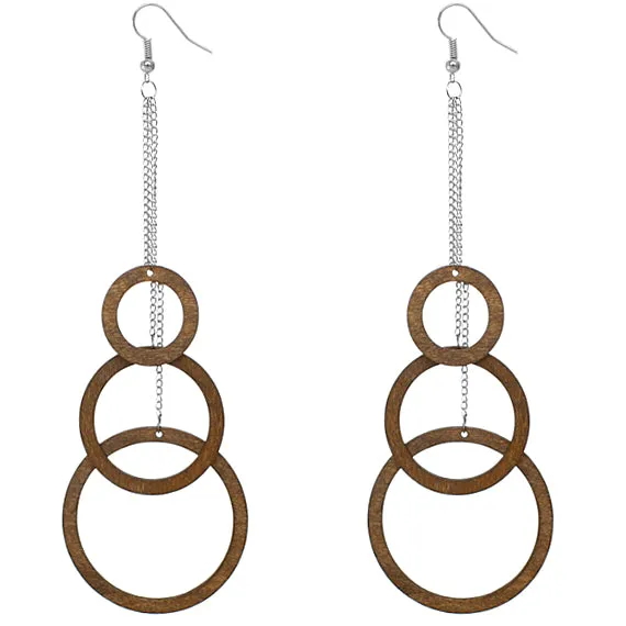 Brown Wooden Cascade Drop Chain Hoop Earrings