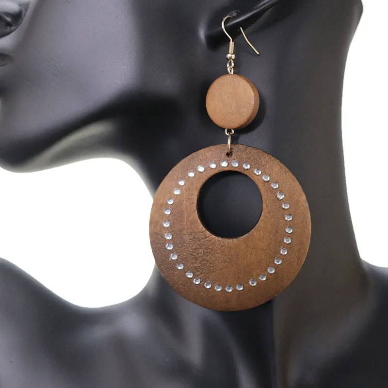 Brown Wooden Gemstone Drop Hoop Earrings