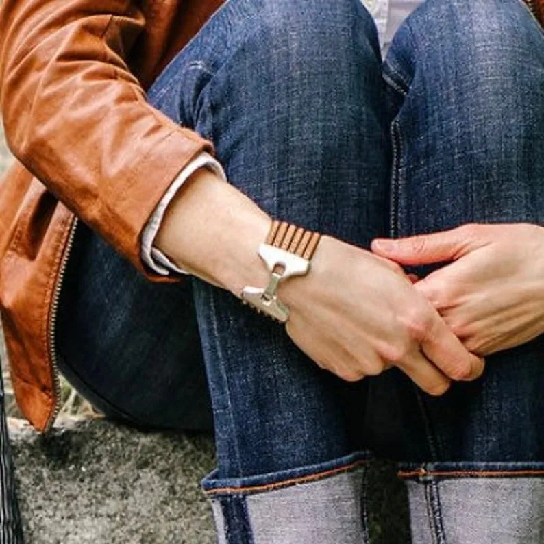 Camel Brown Multi Strand Leather Cuff Bracelet with Wide Silver Hook Clasp and White Stitching