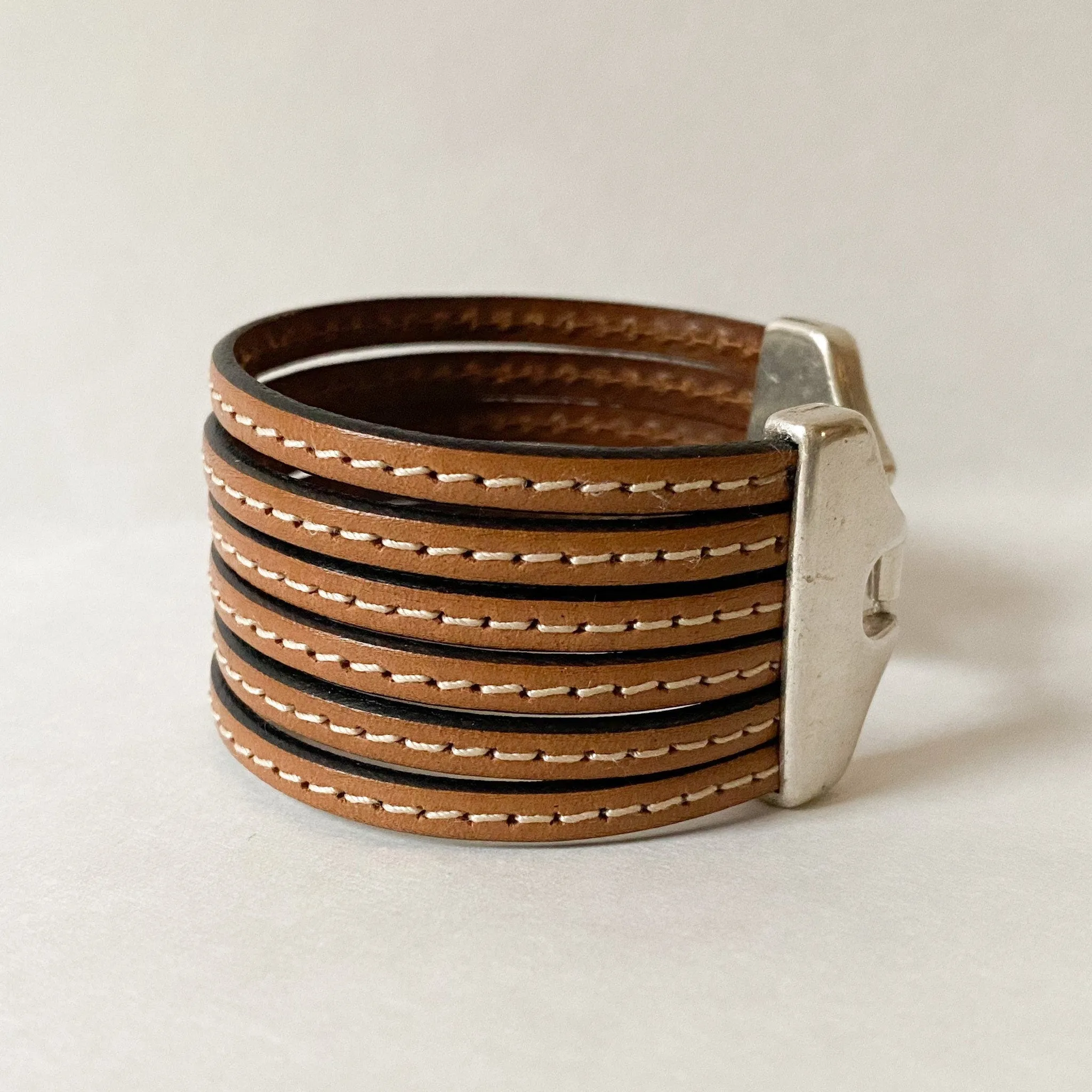 Camel Brown Multi Strand Leather Cuff Bracelet with Wide Silver Hook Clasp and White Stitching