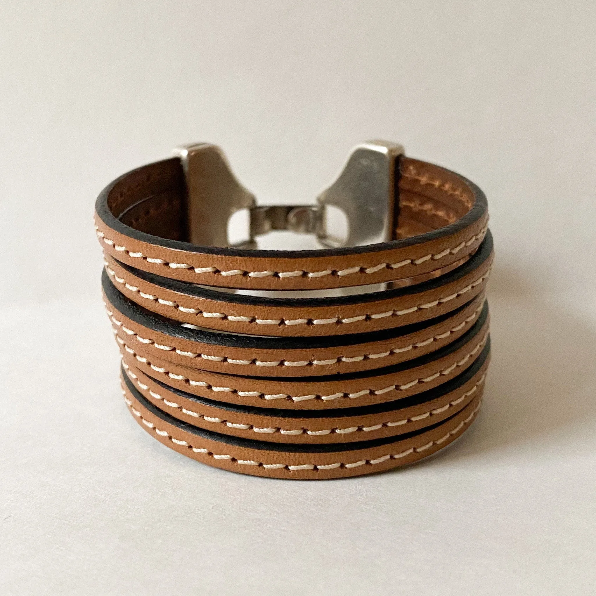 Camel Brown Multi Strand Leather Cuff Bracelet with Wide Silver Hook Clasp and White Stitching