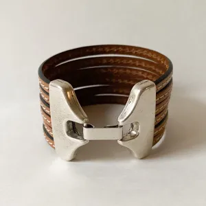Camel Brown Multi Strand Leather Cuff Bracelet with Wide Silver Hook Clasp and White Stitching