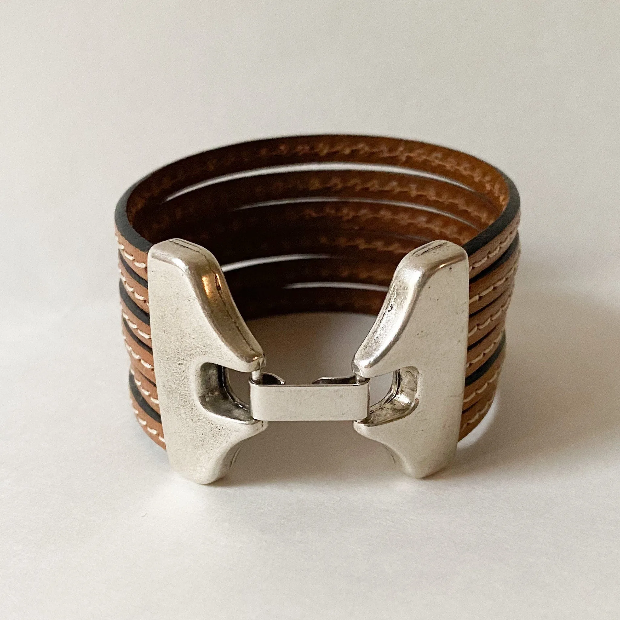 Camel Brown Multi Strand Leather Cuff Bracelet with Wide Silver Hook Clasp and White Stitching