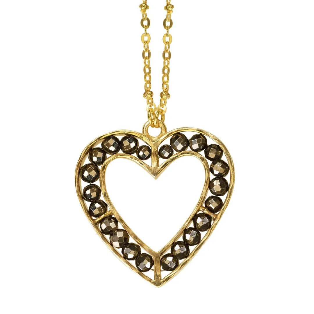Capriole - Large Sentiment Heart Pyrite Stones Pendant and 14K Gold Vermeil Necklace