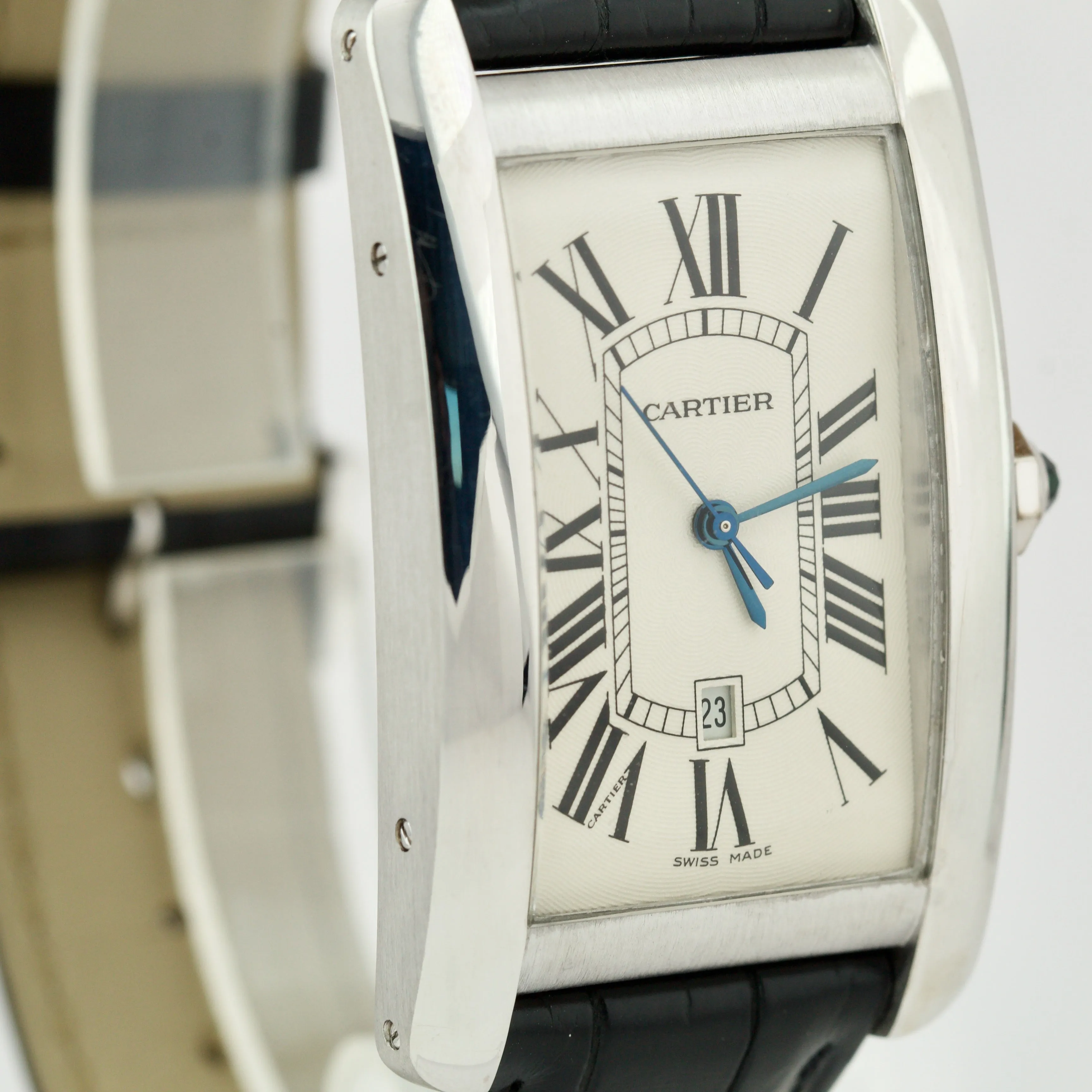 Cartier Tank Americaine 18k White Gold 26X45mm White Dial Leather 1741 Watch