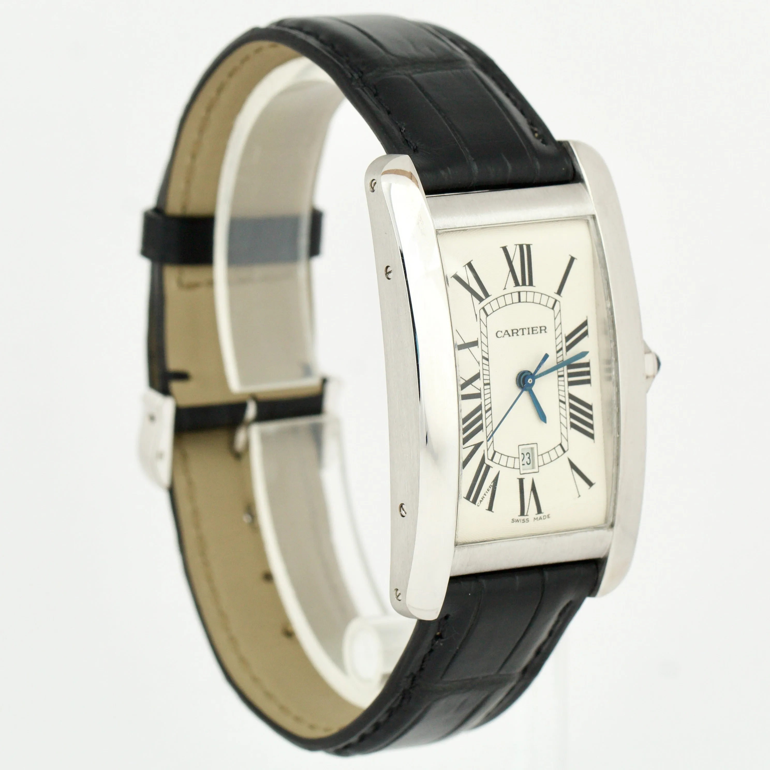 Cartier Tank Americaine 18k White Gold 26X45mm White Dial Leather 1741 Watch